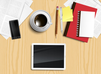 Realistic office desk with different objects, vector illustration