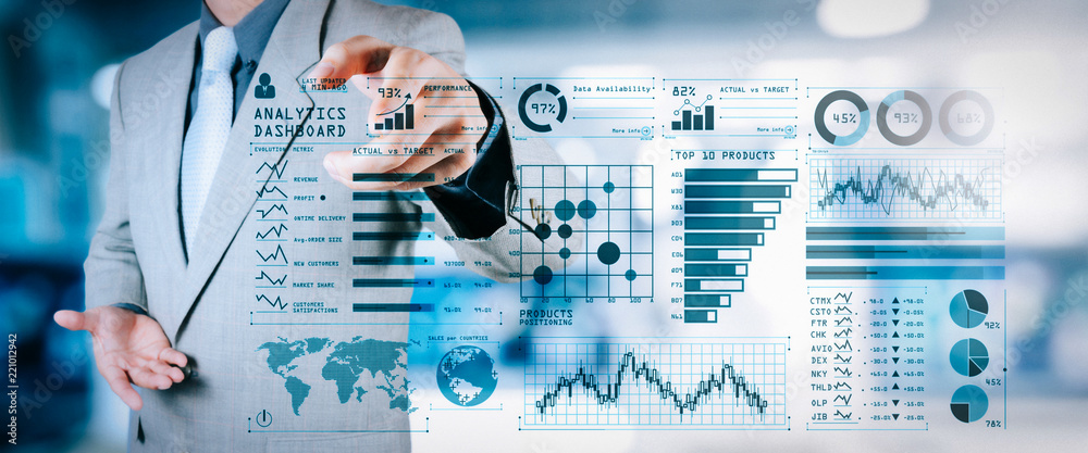 Aufkleber Intelligence (BI) and business analytics (BA) with key performance indicators (KPI) dashboard concept.business documents on office table with smart phone and digital tablet and graph