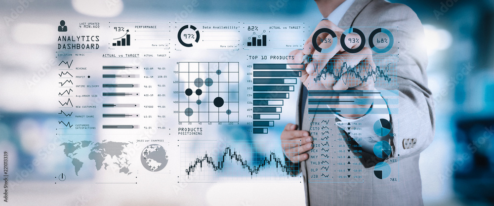 Aufkleber Intelligence (BI) and business analytics (BA) with key performance indicators (KPI) dashboard concept.business documents on office table with smart phone and digital tablet and graph 