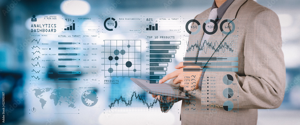 Poster intelligence (bi) and business analytics (ba) with key performance indicators (kpi) dashboard concep