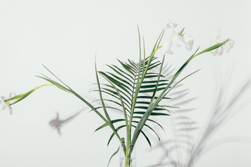 Branchy bouquet of irises with palm leaf