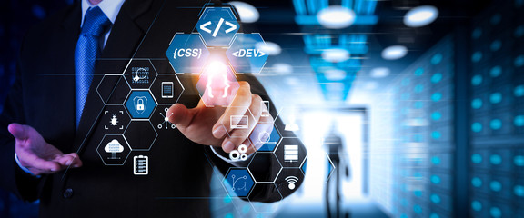 Coding software developer work with augmented reality dashboard computer icons of scrum agile development and code fork and versioning with responsive cybersecurity.