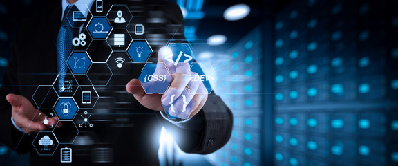 Coding software developer work with augmented reality dashboard computer icons of scrum agile development and code fork and versioning with responsive cybersecurity.Businessman working .