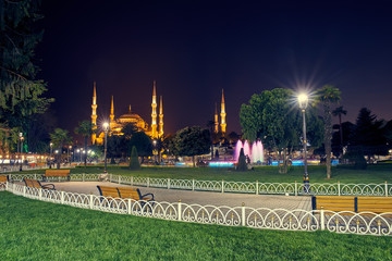 Obraz premium The Sultan Ahmed Mosque in Istanbul at night
