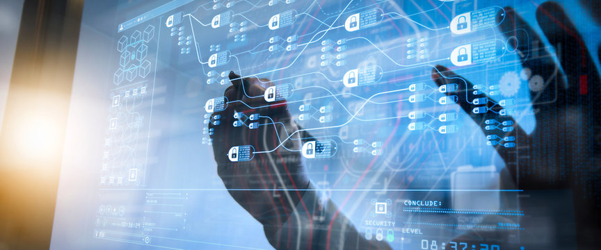 Blockchain technology concept with diagram of chain and encrypted blocks.businessman working with digital tablet computer and server room.