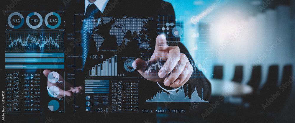 Poster investor analyzing stock market report and financial dashboard with business intelligence (bi), with