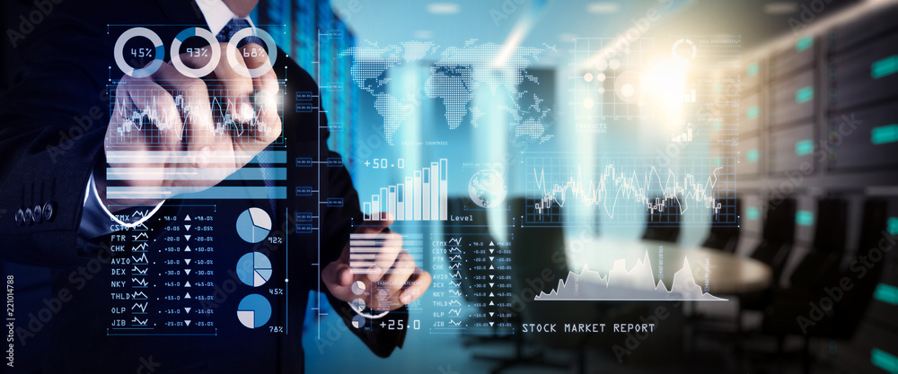 Poster investor analyzing stock market report and financial dashboard with business intelligence (bi), with