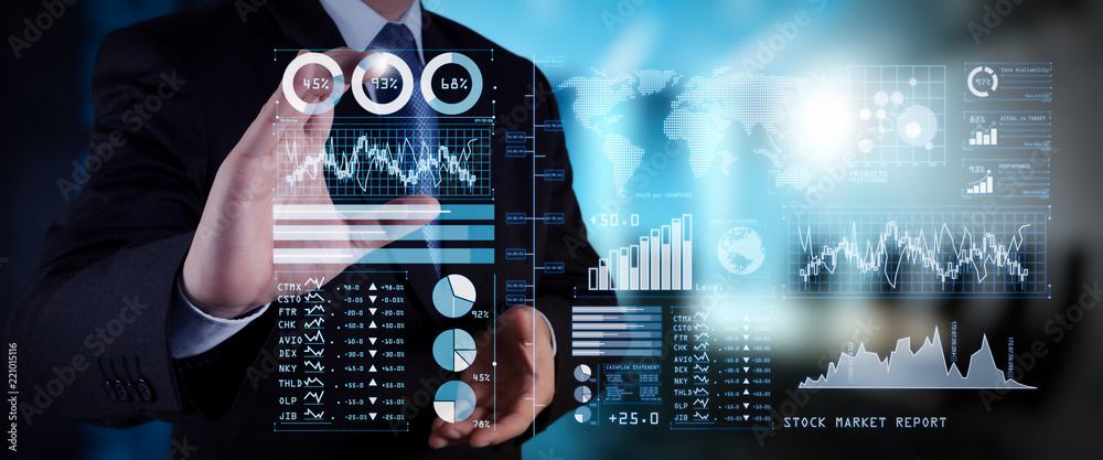 Poster Investor analyzing stock market report and financial dashboard with business intelligence (BI), with key performance indicators (KPI).businessman hand working with finances program 