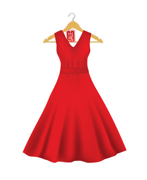 Red Dress On A Hanger With Sale Tag, Vector