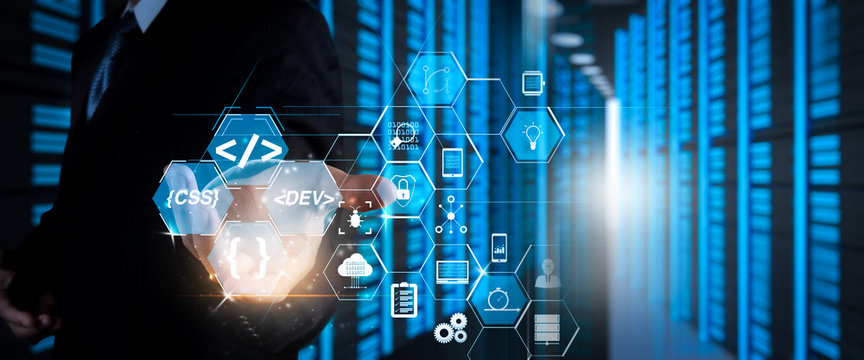 Coding software developer work with augmented reality dashboard computer icons of scrum agile development and code fork and versioning with responsive cybersecurity.Businessman working 