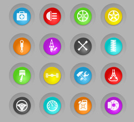 car shop colored plastic round buttons icon set