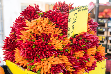 Abstract view of chilies on sale at the Rialto Market in Venice, Italy