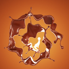 A splash of chocolate on a brown background. 3d illustration, 3d rendering.