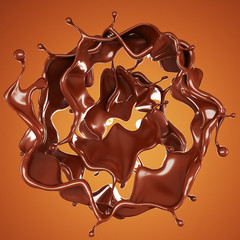 A splash of chocolate on a brown background. 3d illustration, 3d rendering.