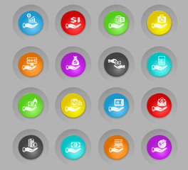 hand and money colored plastic round buttons icon set