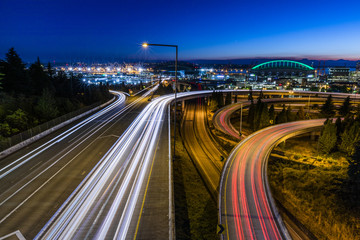 Fototapeta na wymiar A long exposure of car light trails in Seattle