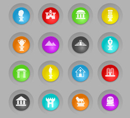 monuments colored plastic round buttons icon set