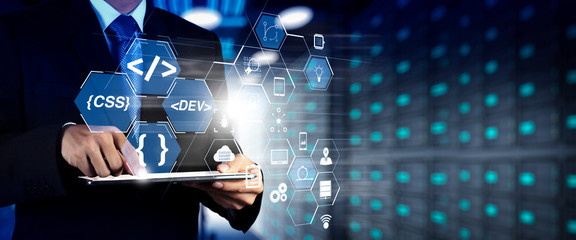 Financial technology flowchart and basic income mining cryptocurrency with blockchain startup unicorn crypto money virtual diagram.StartUp Programming Team. Website designer working 