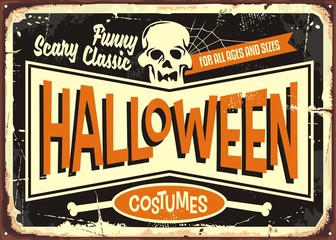Halloween costumes retro shop sign board. Vintage Halloween poster card with skull on black background. 