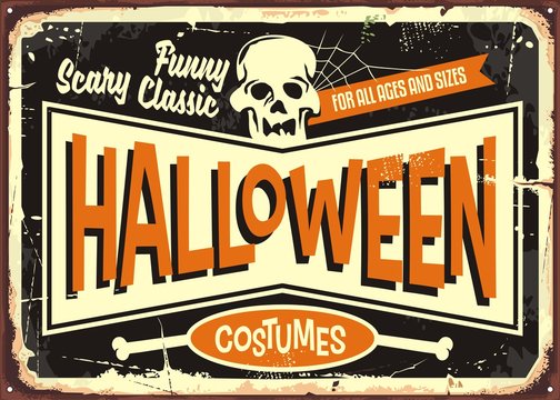 Halloween costumes retro shop sign board. Vintage Halloween poster card with skull on black background. 