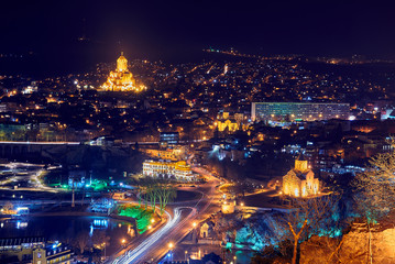 Top view of the Georgian capital Tbilisi at night