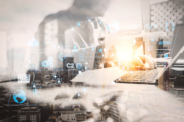 Medicine doctor meeting with teamand working with modern digital tablet dock smart keyboard,computer interface as medical network concept,sun effect