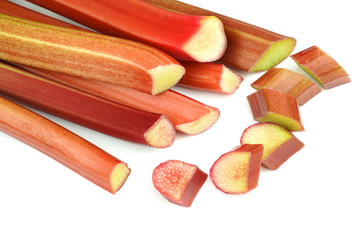 Fresh rhubarb stalks on white background.
