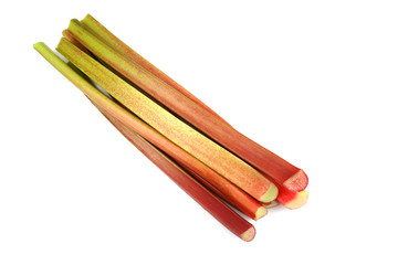 Fresh rhubarb stalks isolated on white background.