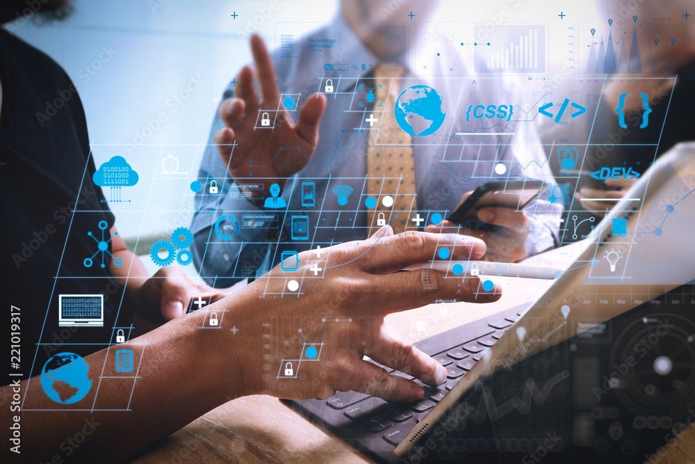 Wall mural business documents on office table with smart phone and laptop computer and graph financial with soc
