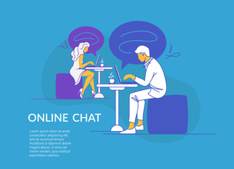 Online chat concept vector illustration of young couple sitting at the tables in cafe and using laptop messenger. Modern line design of guy and girl typing messages in social media and dating service