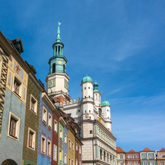 Colorful houses and Town hall on Poznan Old Market Square, Poland.