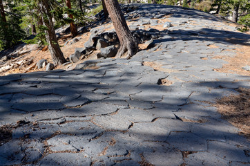 hexagonal pattern of basalt rocks on the top of Devils Postpile National Monument Madera county, California