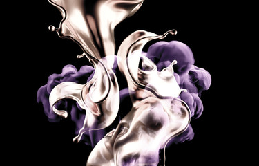 Splash of gold and smoke on a black background. 3d illustration, 3d rendering.