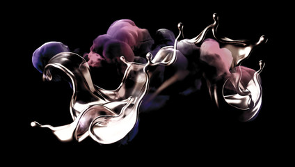 Splash of gold and smoke on a black background. 3d illustration, 3d rendering.