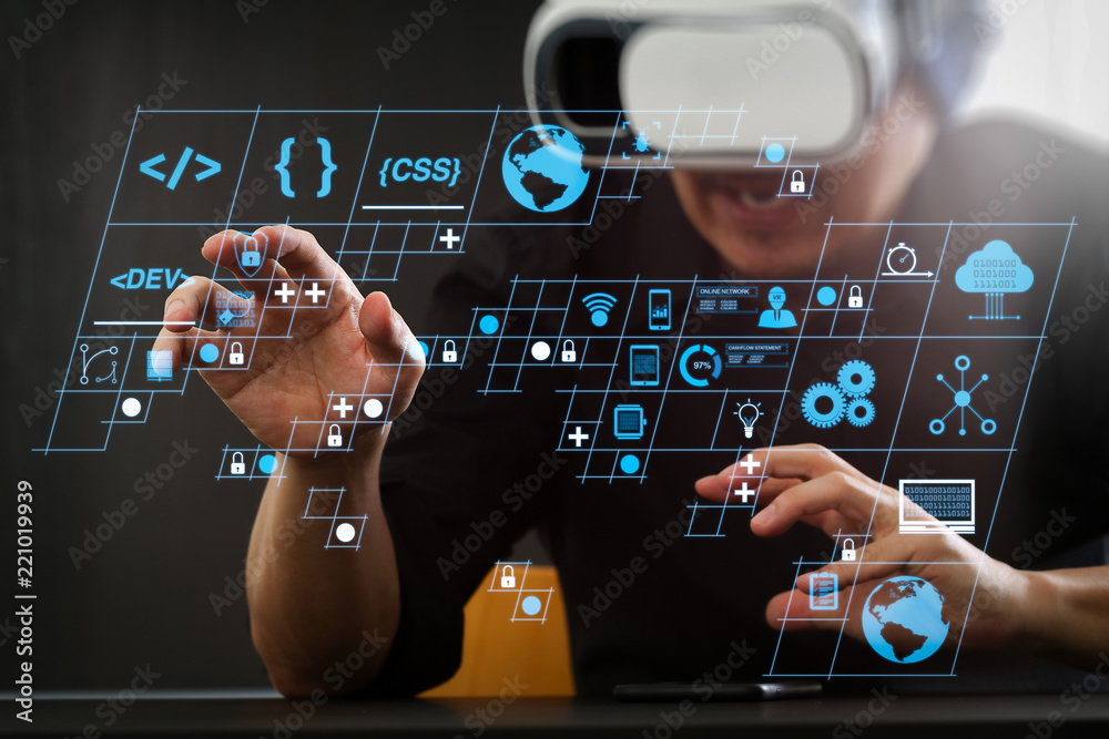 Poster businessman wearing virtual reality goggles in modern office with smartphone using with vr headset