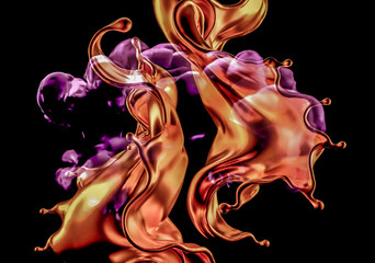 Splash of gold and smoke on a black background. 3d illustration, 3d rendering.