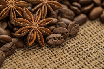 Roasted coffee beans, anise on sackchoth
