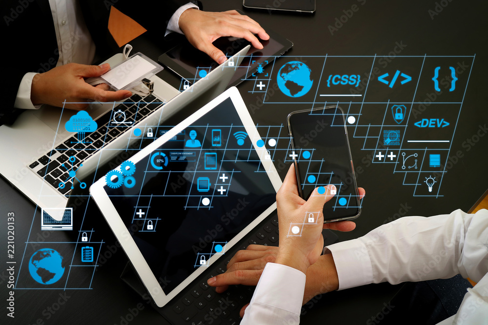 Aufkleber co working team meeting concept,businessman using smart phone and digital tablet and laptop computer