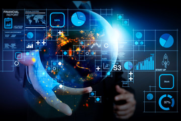 Financial report data of business operations (balance sheet and income statement and diagram) as Fintech concept.Businessman showing the globe world.Element by NASA.