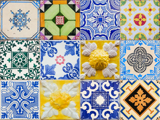 Mixed colage of the traditional portuguese azulejo tiles on the buildings in Porto, Portugal. Colorful background texture.