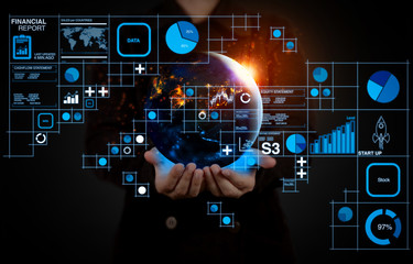 Financial report data of business operations (balance sheet and income statement and diagram) as Fintech concept.Businessman showing the globe world.Element by NASA.