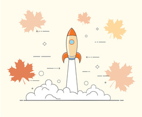 Successful startup business concept. Vector illustration with rocket launch and laptop on winter background.