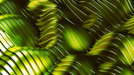 Green metallic background with waves and lines. 3d illustration, 3d rendering.