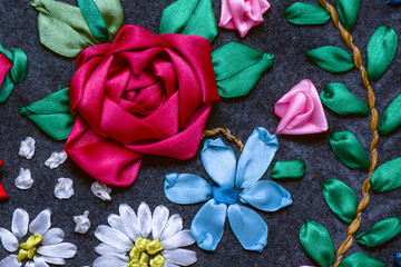 embroidery of flowers from ribbons