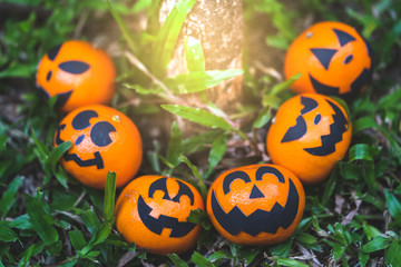 Group of oranges face painting with scary on halloween party day at the garden place.