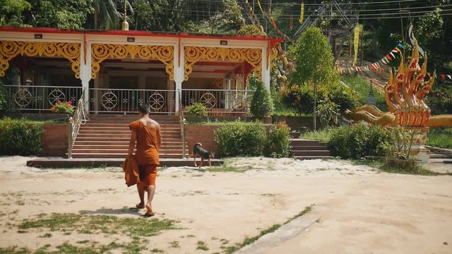 Monk goes to prayer in the Asian temple