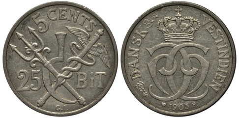 Danish West Indies coin 5 five cents or 25 twenty five bit 1905, crossed trident, sickle and caduceus, crowned monogram of King Christian IX, 