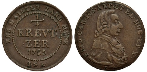 Germany German Mainz copper coin 1/4 quarter kreuzer 1795, ruler Friedrich Carl Joseph, value and date in circle of beads, bust right,
