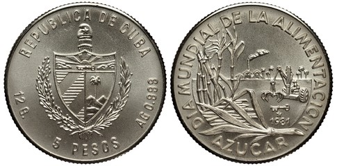 Cuba Cuban silver coin 5 five peso 1981, arms, shield with various designs flanked by oak and...