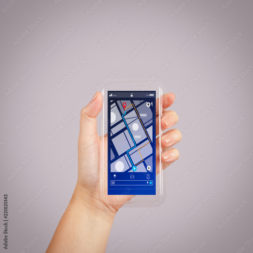Poster Close up of Tourist using GPS map navigation on smartphone application screen for direction to destination address in the city with travel and technology concept.